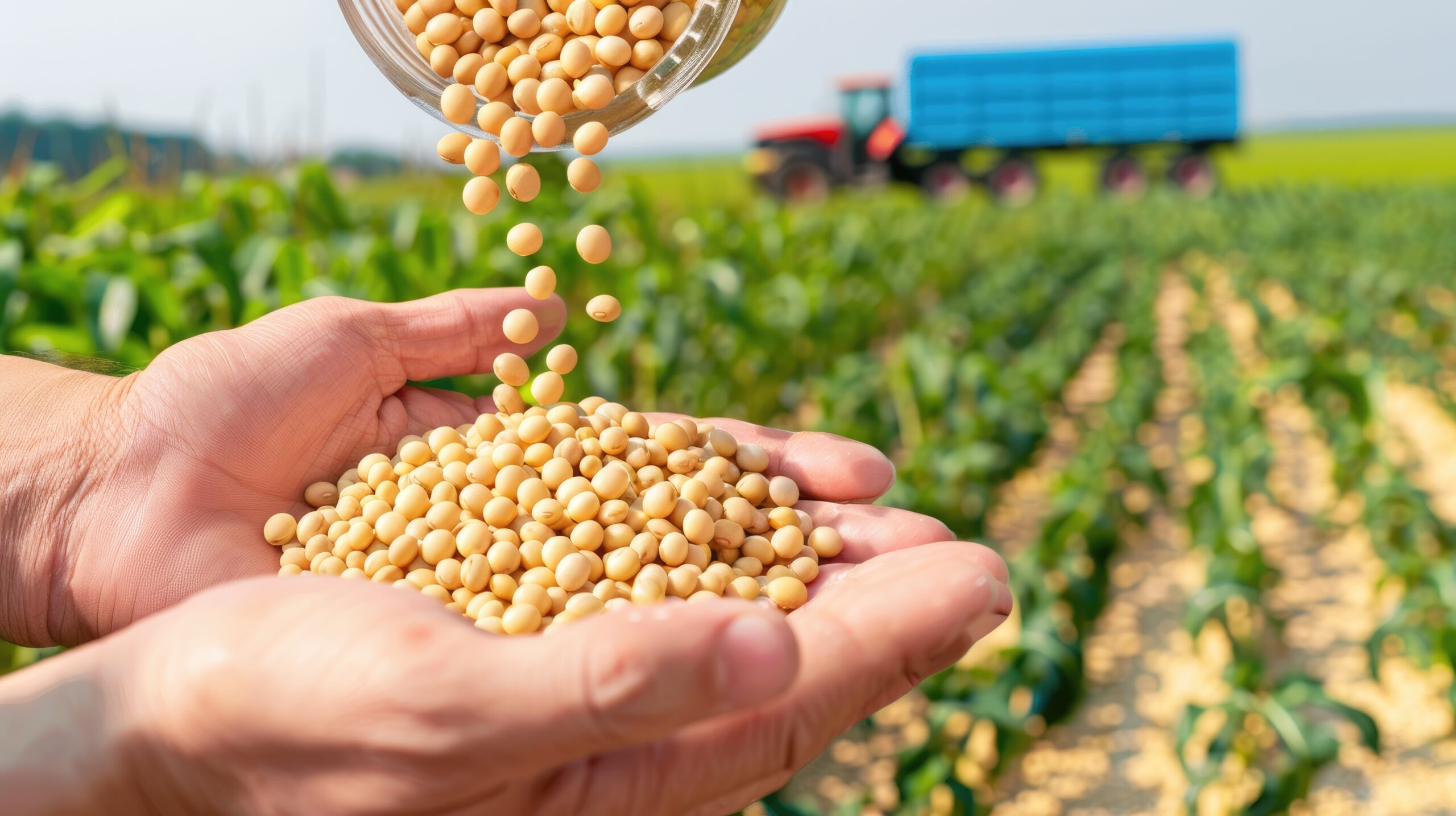 A farmers hand holds a handful of harvested soybeans, with a large pile of soybeans in the background